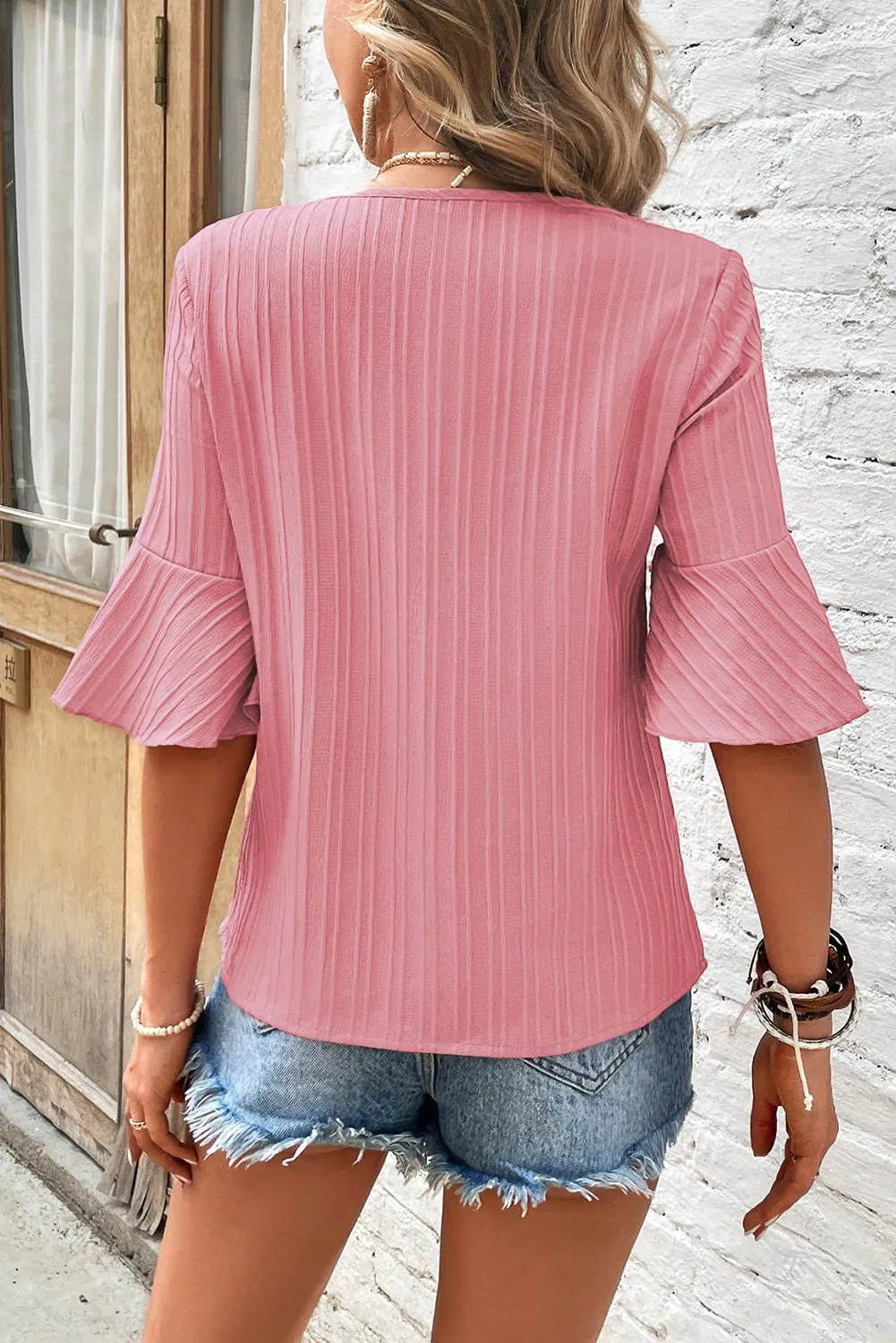 1/2 SLEEVE V-Neck Bell Sleeve Pink Top