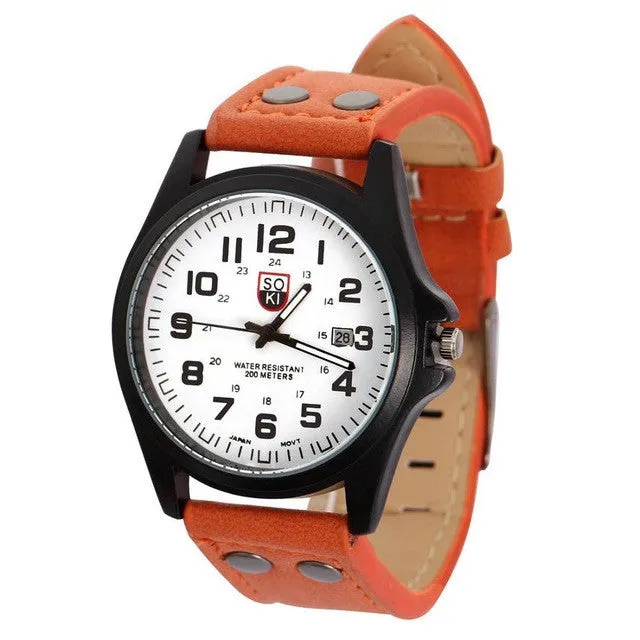 2016 Top Brand Quartz Wristwatch Men Orange Leather Round Fashion Causal Men Chronograph Quartz Watch relogio Masculino