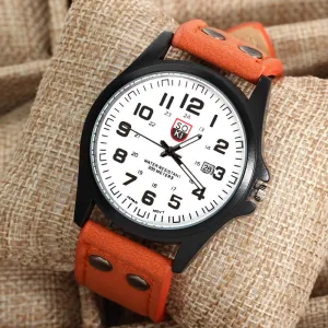 2016 Top Brand Quartz Wristwatch Men Orange Leather Round Fashion Causal Men Chronograph Quartz Watch relogio Masculino