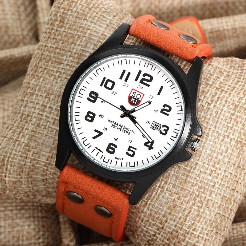 2016 Top Brand Quartz Wristwatch Men Orange Leather Round Fashion Causal Men Chronograph Quartz Watch relogio Masculino
