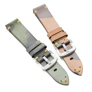 20mm Vintage Style Camo Calf Leather Watch Strap, Sage Green / Sepia Yellow