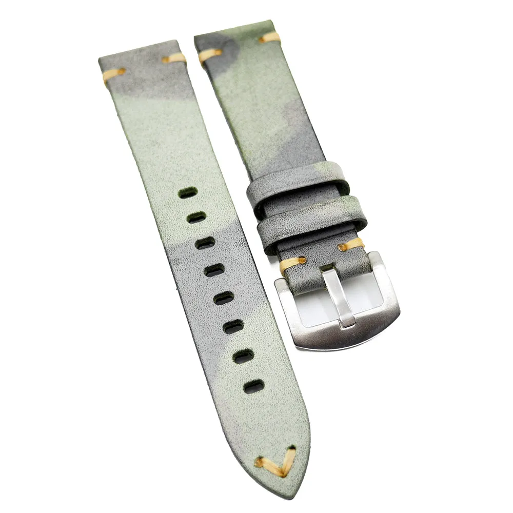 20mm Vintage Style Camo Calf Leather Watch Strap, Sage Green / Sepia Yellow
