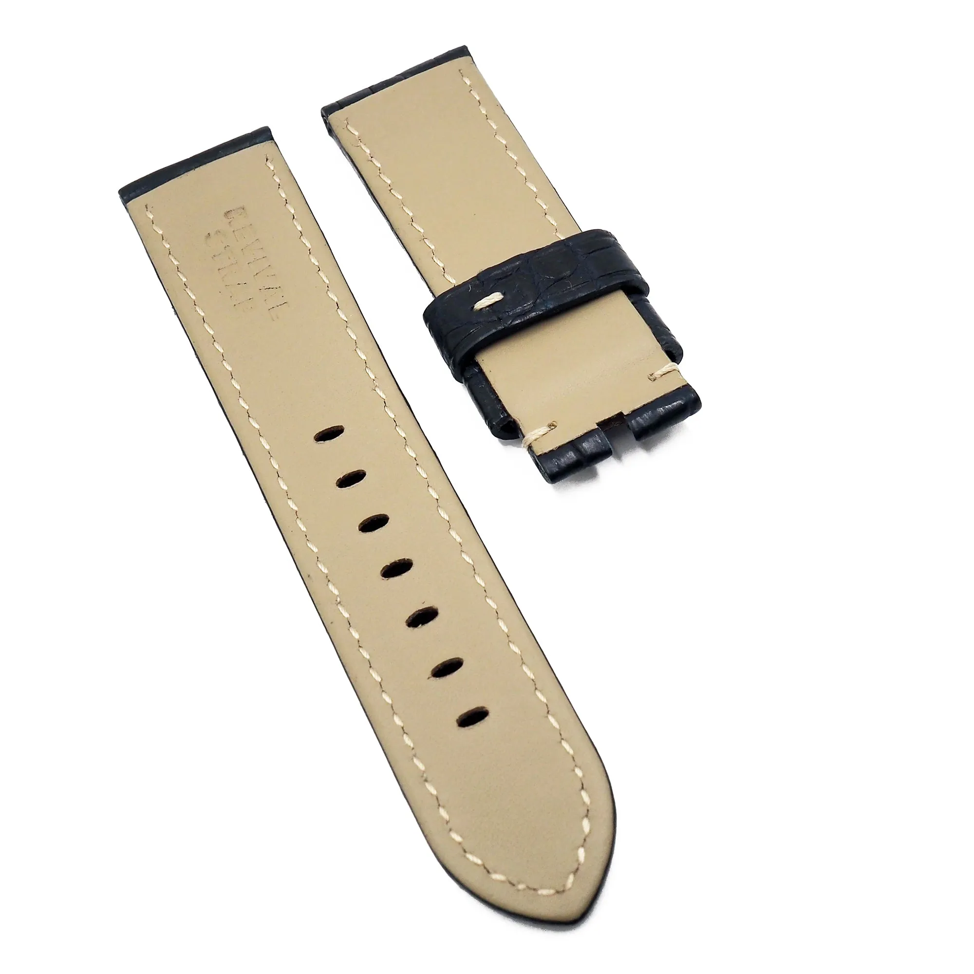 22mm, 24mm, 26mm Navy Blue Alligator Leather Watch Strap For Panerai, Cream Stitching, Small Scale Pattern