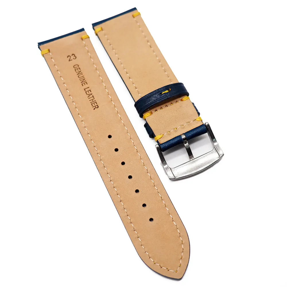 23mm Yale Blue Calf Leather Watch Strap, Yellow Stitching