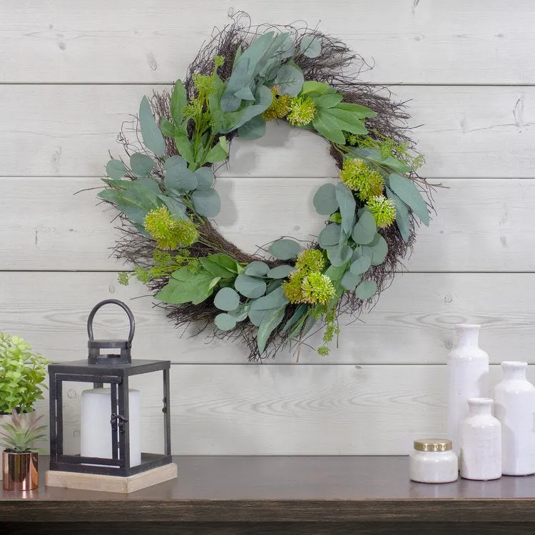23" Green and White Olive Leaf and Floral Twig Spring Wreath
