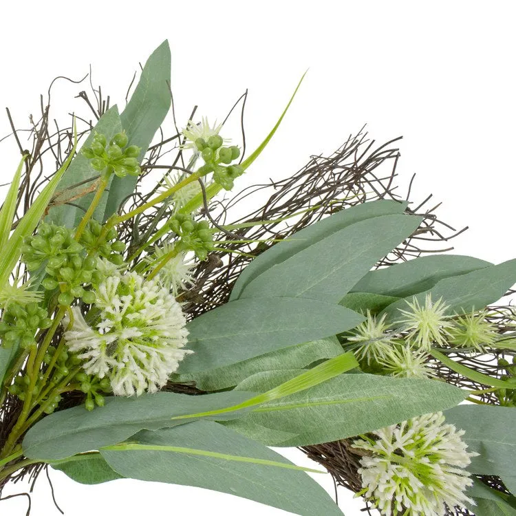 23" Green and White Olive Leaf and Floral Twig Spring Wreath