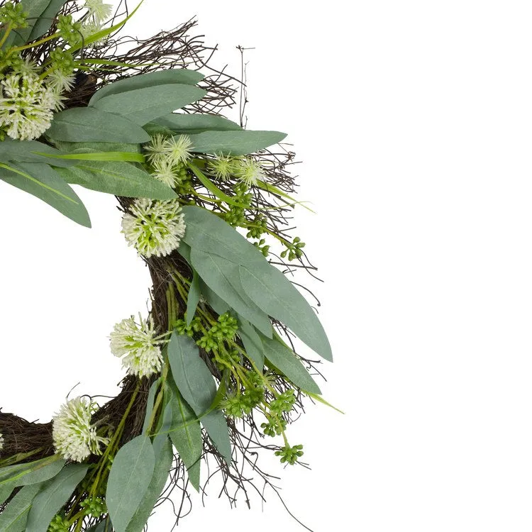 23" Green and White Olive Leaf and Floral Twig Spring Wreath