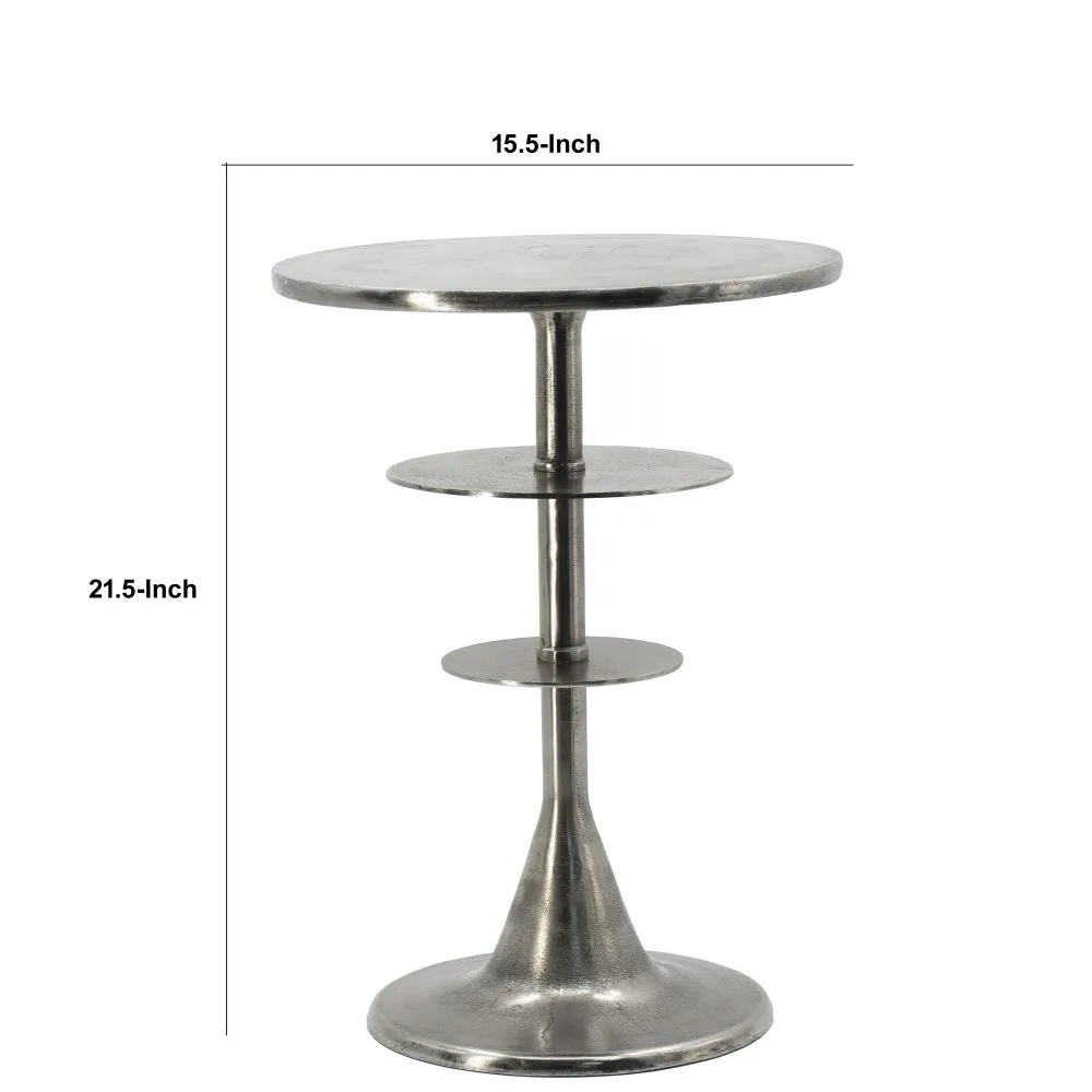 Aja 22 Inch Aluminum Accent Table, Rounded Top, Teardrop Base, Silver By Casagear Home