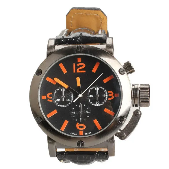 Black Men's Sport Big Round Orange Numerals Dial Quartz Faux Leather Strap Wrist Watch For Father Boyfriend Birthday Gift  LL