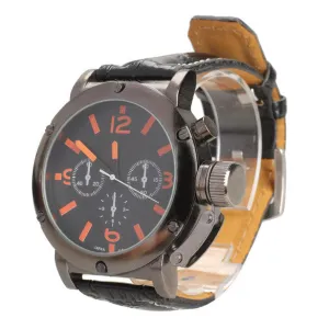 Black Men's Sport Big Round Orange Numerals Dial Quartz Faux Leather Strap Wrist Watch For Father Boyfriend Birthday Gift  LL