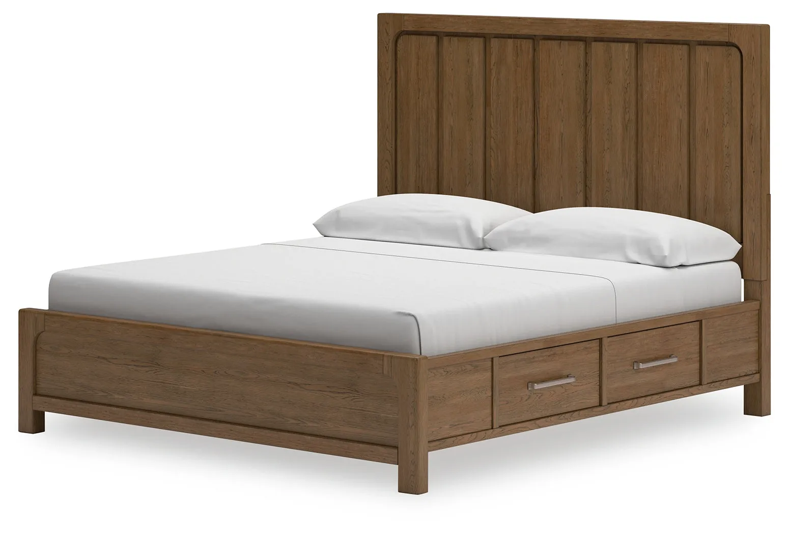 Cabalynn California King Panel Bed with Storage with Mirrored Dresser, Chest and Nightstand in Light Brown