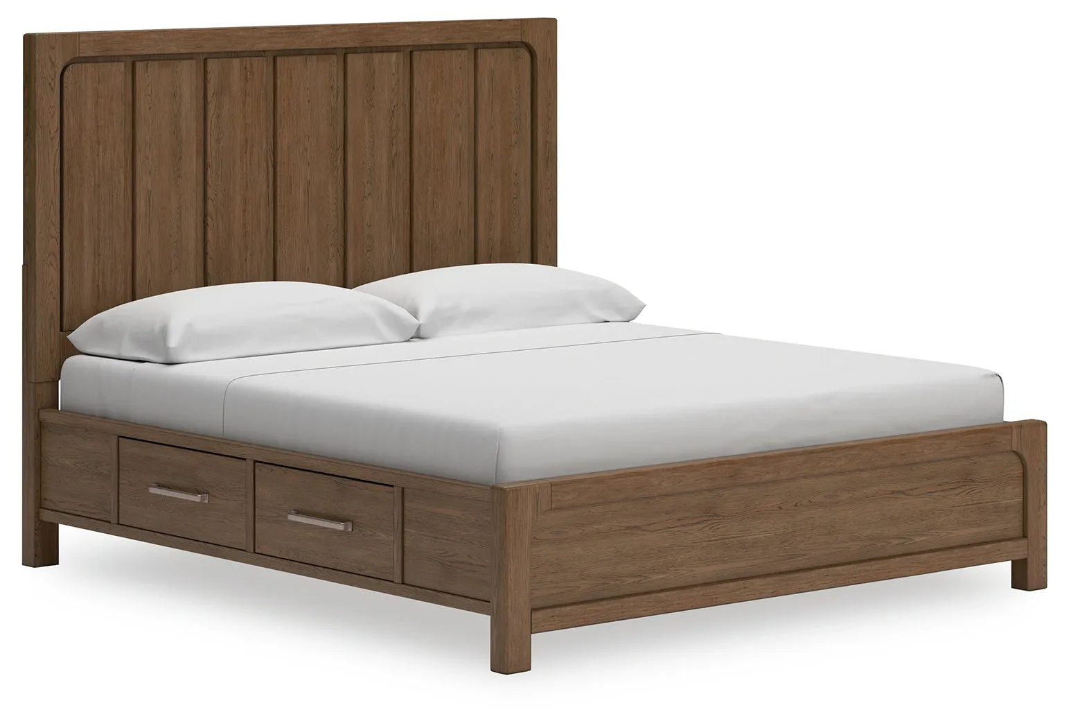 Cabalynn California King Panel Bed with Storage with Mirrored Dresser, Chest and Nightstand in Light Brown