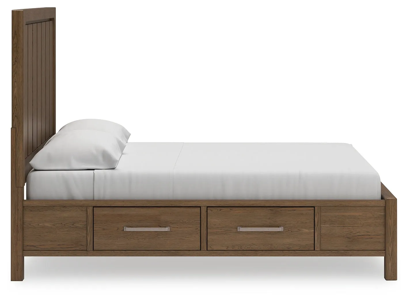 Cabalynn California King Panel Bed with Storage with Mirrored Dresser, Chest and Nightstand in Light Brown