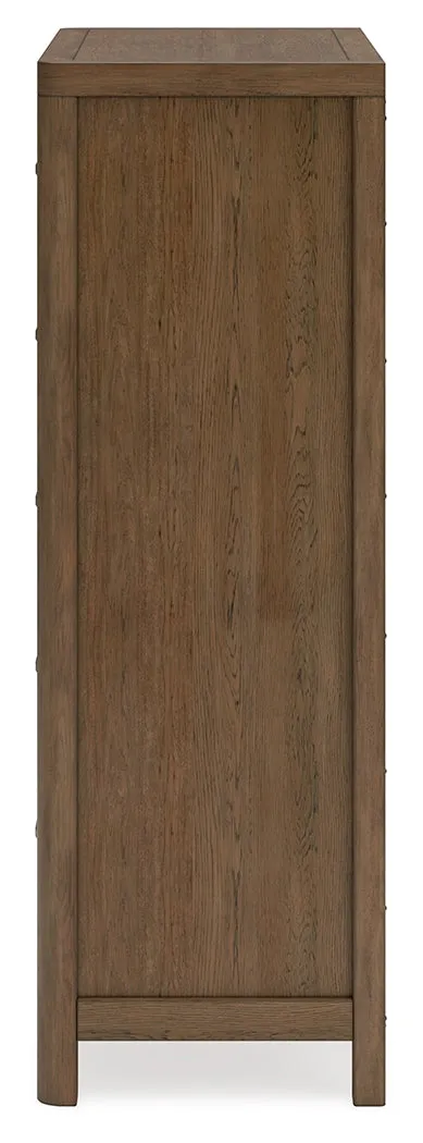 Cabalynn California King Panel Bed with Storage with Mirrored Dresser, Chest and Nightstand in Light Brown