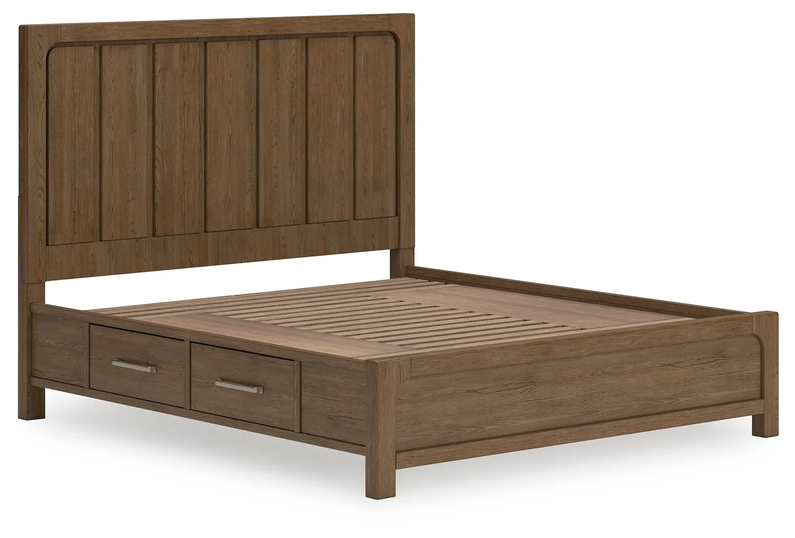 Cabalynn California King Panel Bed with Storage with Mirrored Dresser, Chest and Nightstand in Light Brown