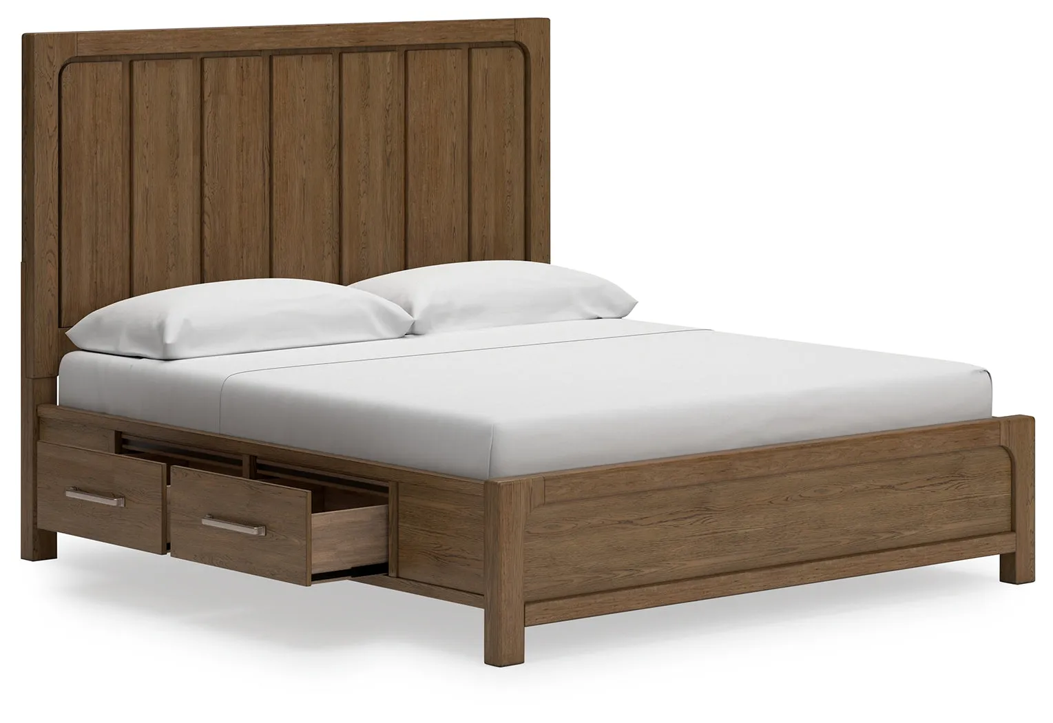 Cabalynn California King Panel Bed with Storage with Mirrored Dresser, Chest and Nightstand in Light Brown