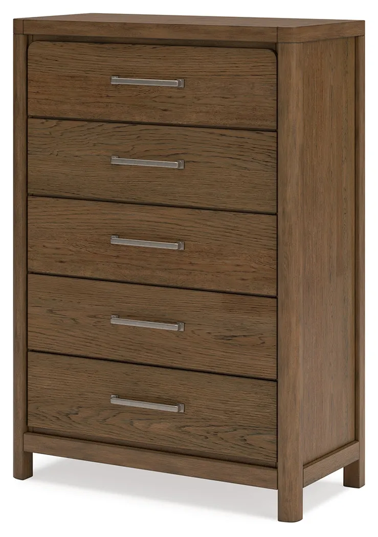 Cabalynn California King Panel Bed with Storage with Mirrored Dresser, Chest and Nightstand in Light Brown