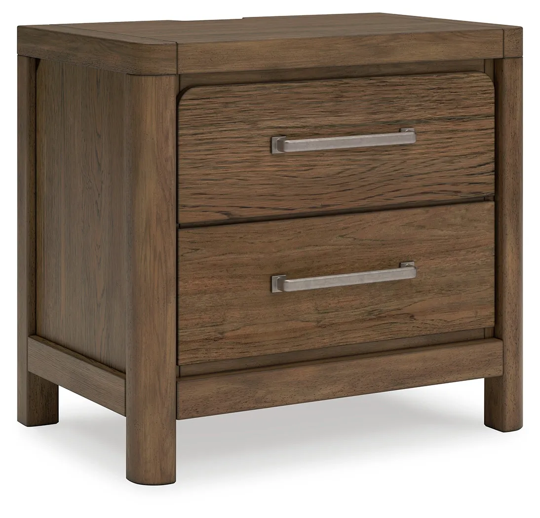 Cabalynn California King Panel Bed with Storage with Mirrored Dresser, Chest and Nightstand in Light Brown
