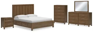 Cabalynn California King Panel Bed with Storage with Mirrored Dresser, Chest and Nightstand in Light Brown