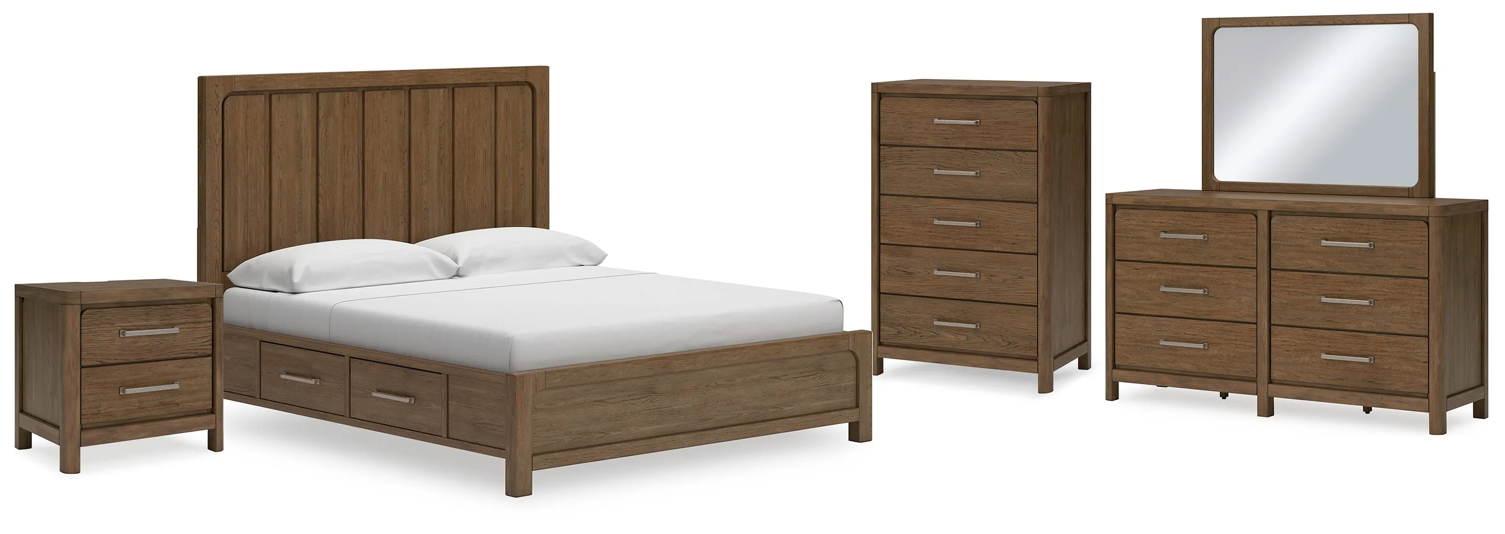 Cabalynn California King Panel Bed with Storage with Mirrored Dresser, Chest and Nightstand in Light Brown