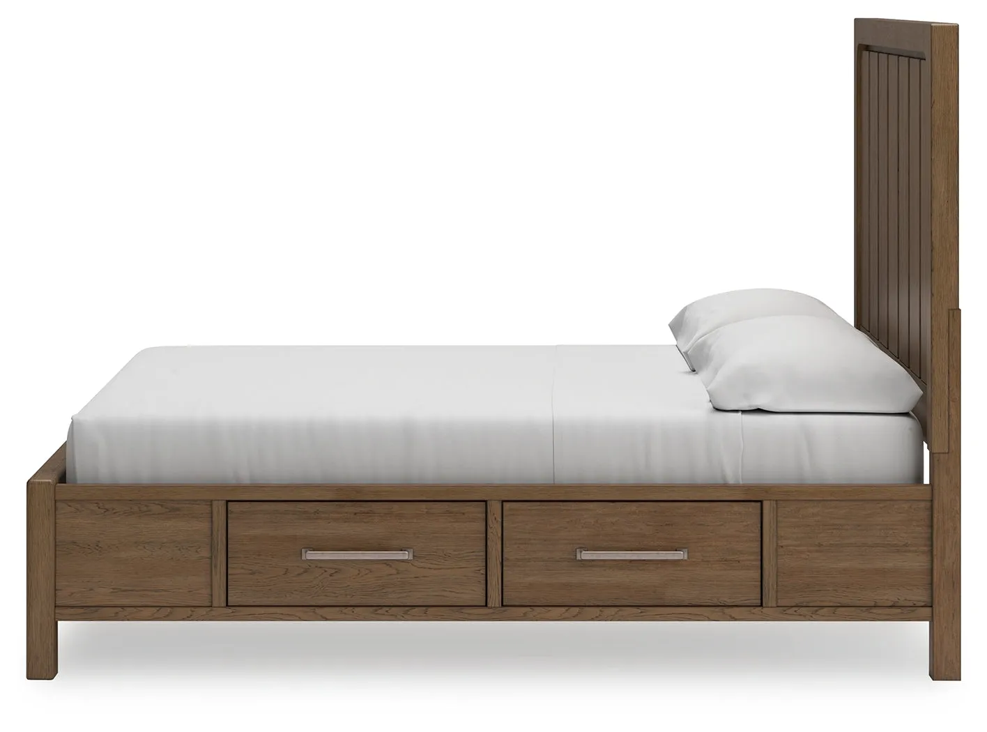 Cabalynn California King Panel Bed with Storage with Mirrored Dresser, Chest and Nightstand in Light Brown