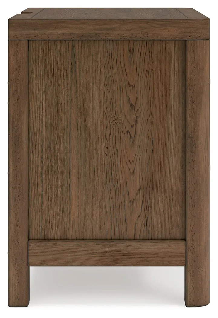Cabalynn California King Panel Bed with Storage with Mirrored Dresser, Chest and Nightstand in Light Brown