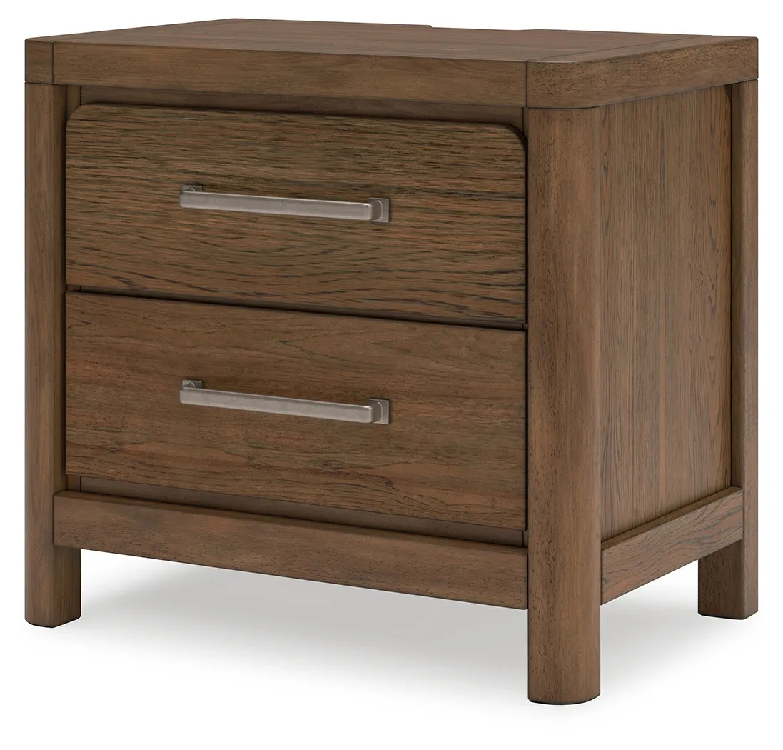 Cabalynn California King Panel Bed with Storage with Mirrored Dresser, Chest and Nightstand in Light Brown