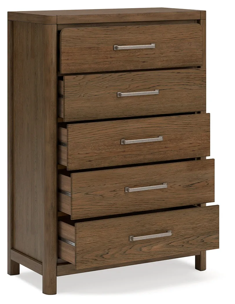 Cabalynn California King Panel Bed with Storage with Mirrored Dresser, Chest and Nightstand in Light Brown