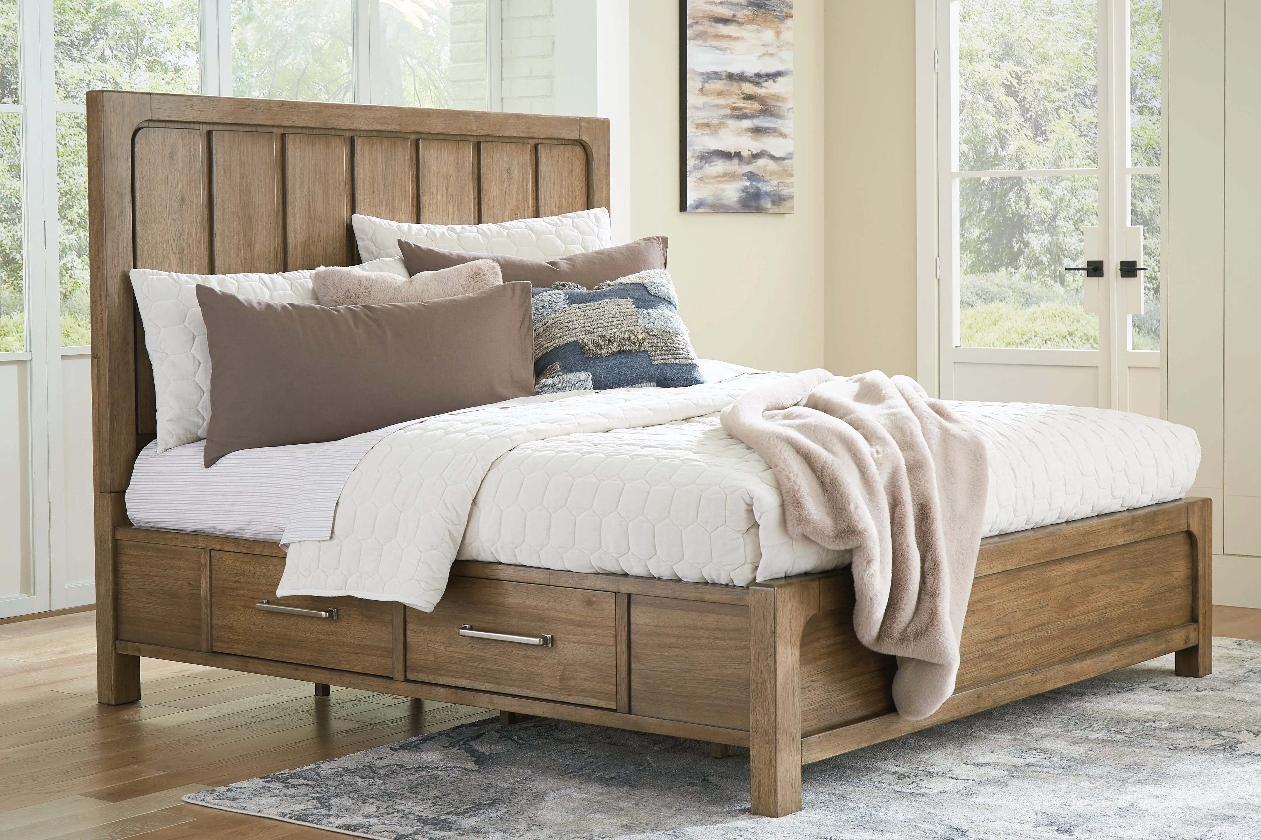 Cabalynn California King Panel Bed with Storage with Mirrored Dresser, Chest and Nightstand in Light Brown
