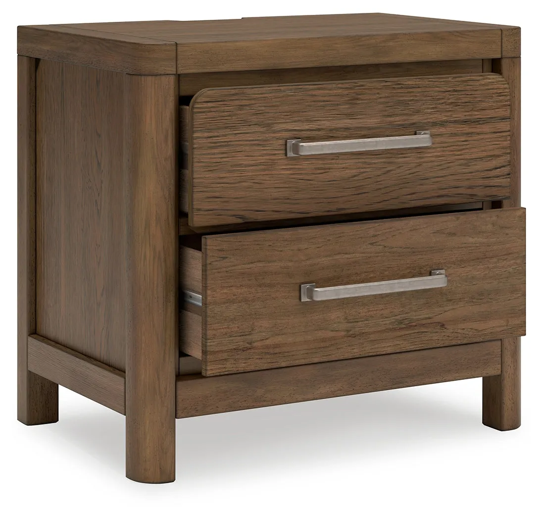 Cabalynn California King Panel Bed with Storage with Mirrored Dresser, Chest and Nightstand in Light Brown