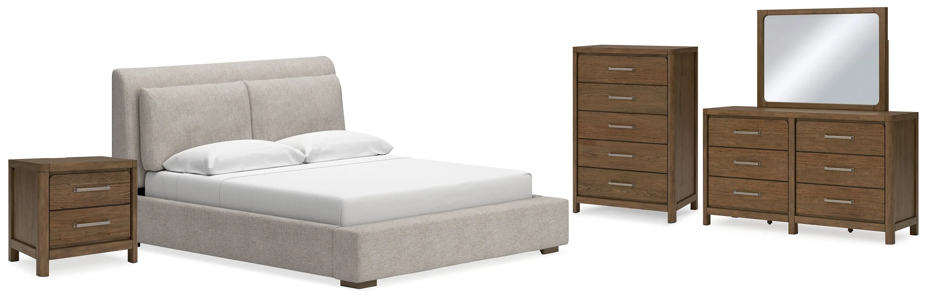 Cabalynn California King Upholstered Bed with Mirrored Dresser, Chest and Nightstand in Light Brown