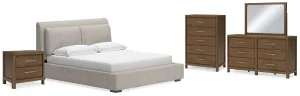 Cabalynn California King Upholstered Bed with Mirrored Dresser, Chest and Nightstand in Light Brown
