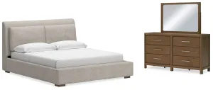 Cabalynn King Upholstered Bed with Mirrored Dresser in Light Brown