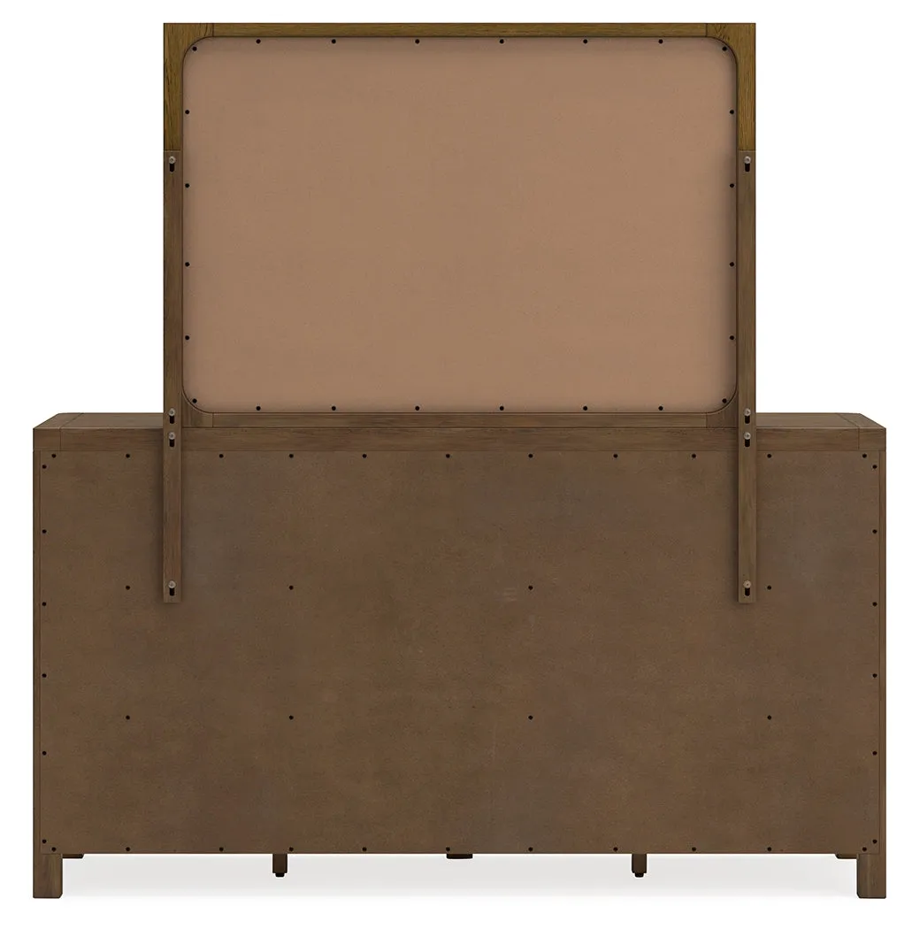 Cabalynn Queen Panel Bed with Storage with Mirrored Dresser in Light Brown