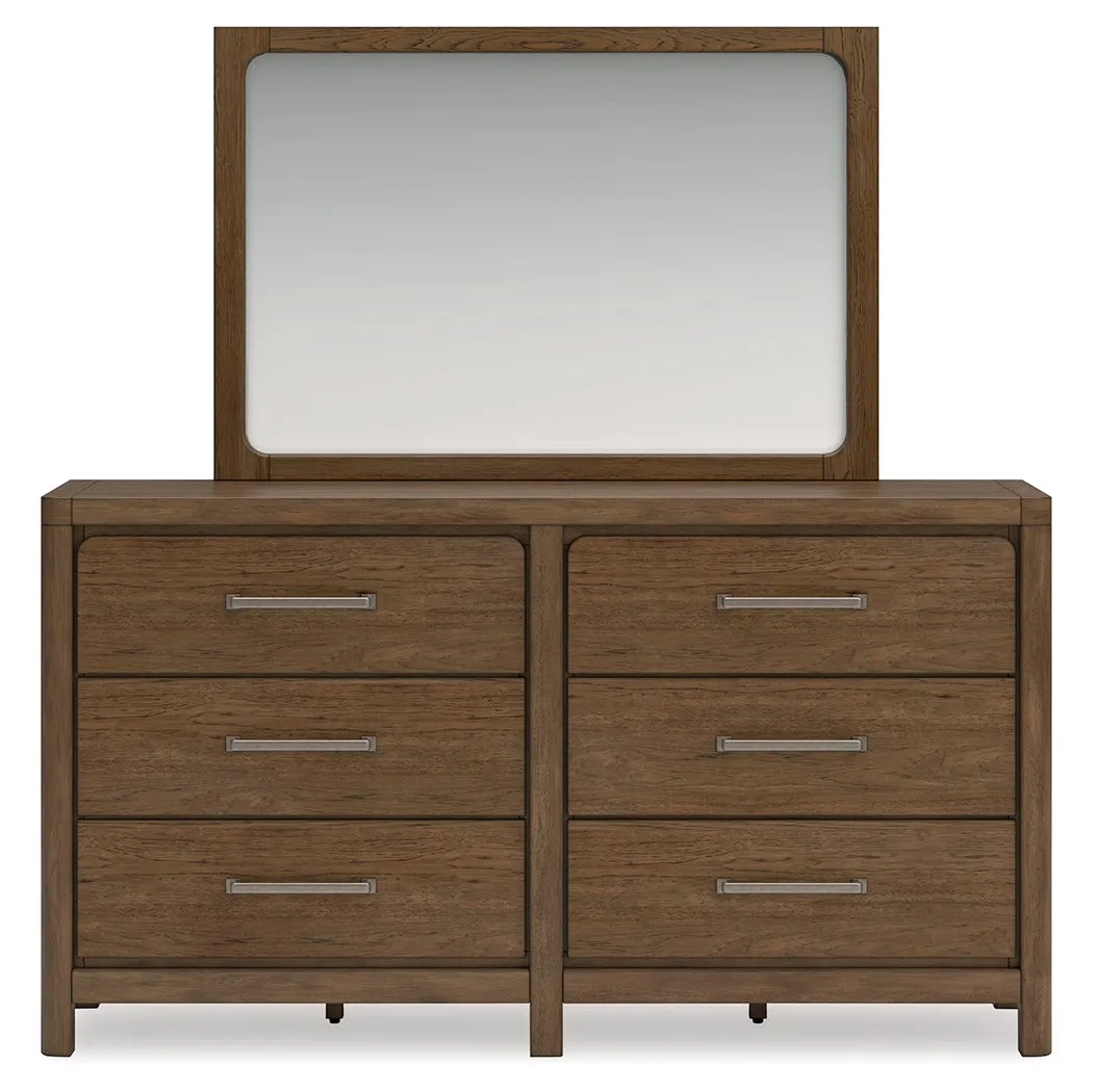 Cabalynn Queen Panel Bed with Storage with Mirrored Dresser in Light Brown