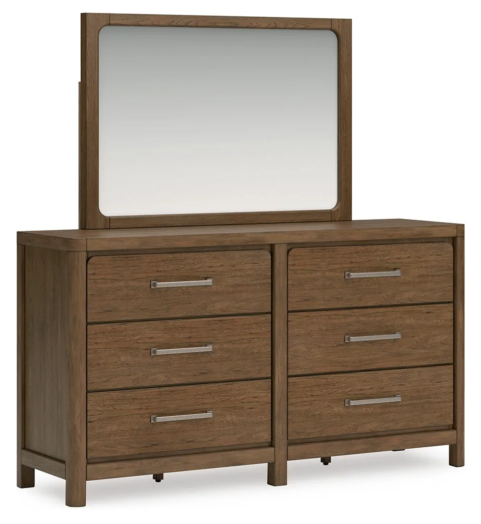 Cabalynn Queen Panel Bed with Storage with Mirrored Dresser in Light Brown