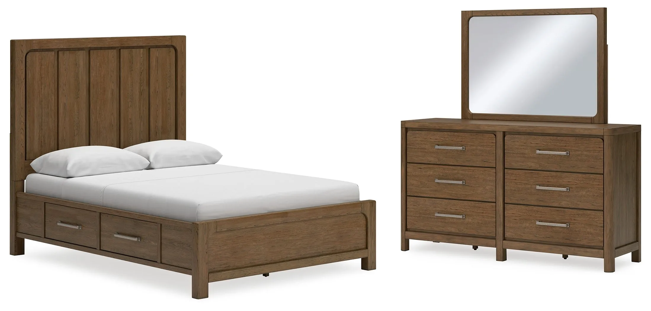 Cabalynn Queen Panel Bed with Storage with Mirrored Dresser in Light Brown