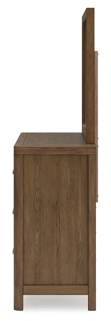 Cabalynn Queen Panel Bed with Storage with Mirrored Dresser in Light Brown