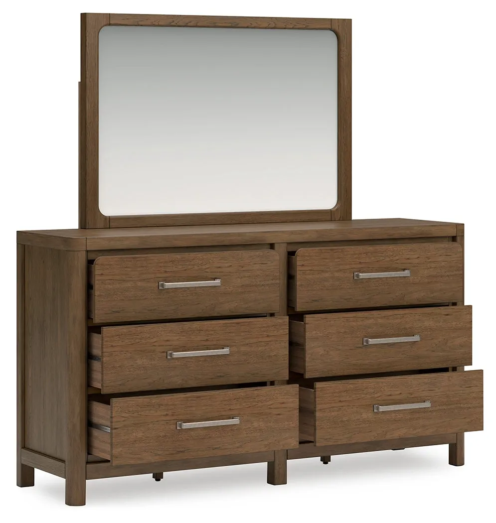 Cabalynn Queen Panel Bed with Storage with Mirrored Dresser in Light Brown
