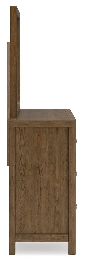 Cabalynn Queen Panel Bed with Storage with Mirrored Dresser in Light Brown