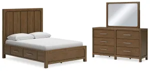 Cabalynn Queen Panel Bed with Storage with Mirrored Dresser in Light Brown