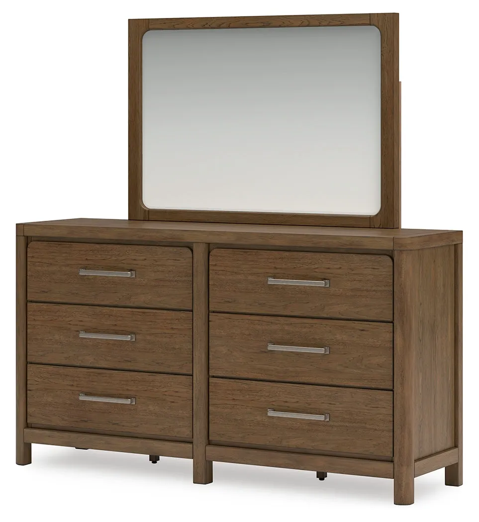 Cabalynn Queen Panel Bed with Storage with Mirrored Dresser in Light Brown
