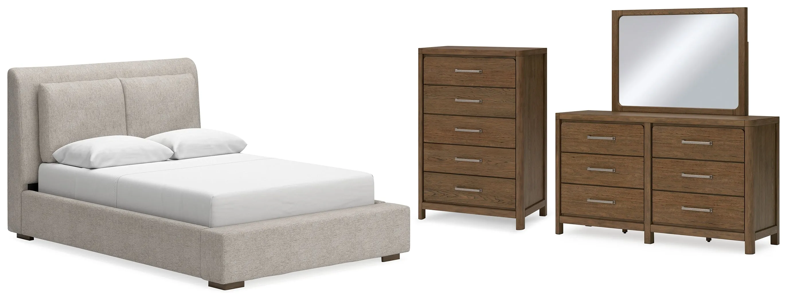 Cabalynn Queen Upholstered Bed with Mirrored Dresser and Chest in Light Brown