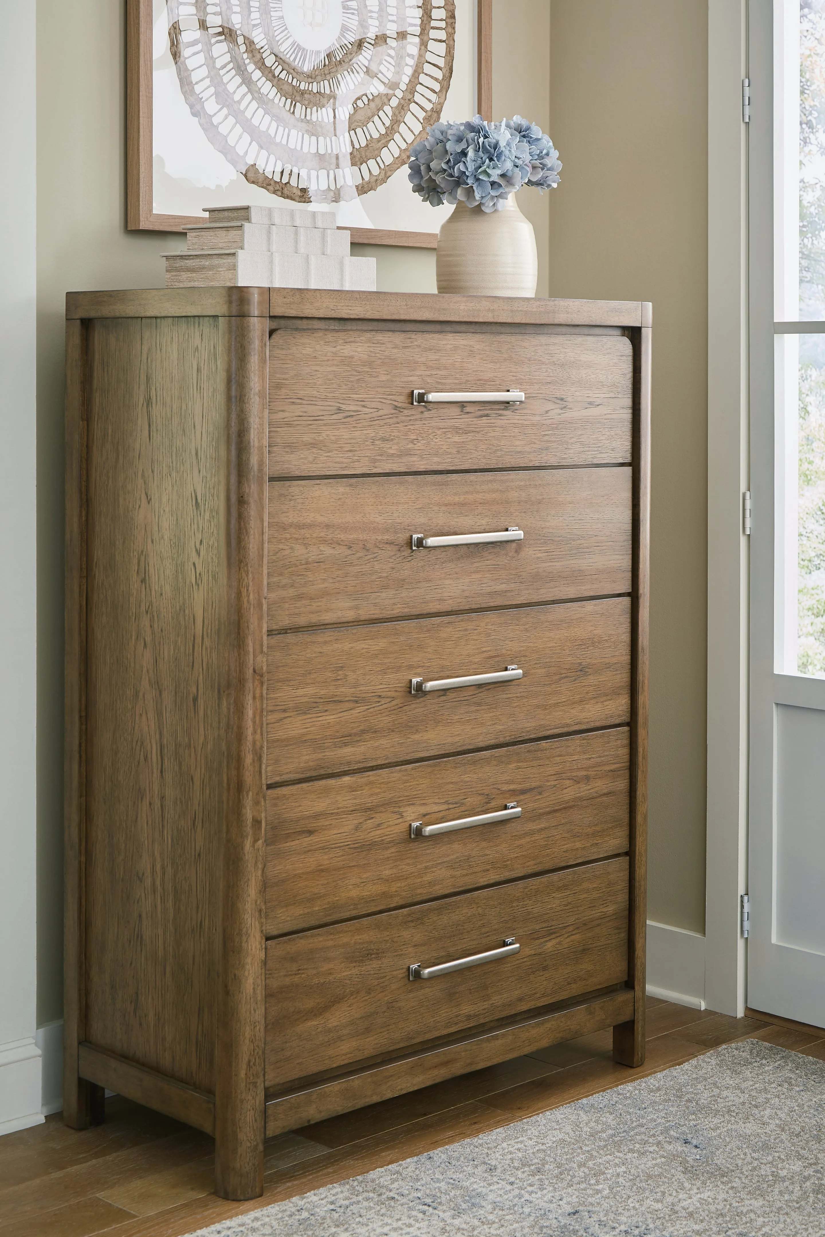 Cabalynn Queen Upholstered Bed with Mirrored Dresser and Chest in Light Brown