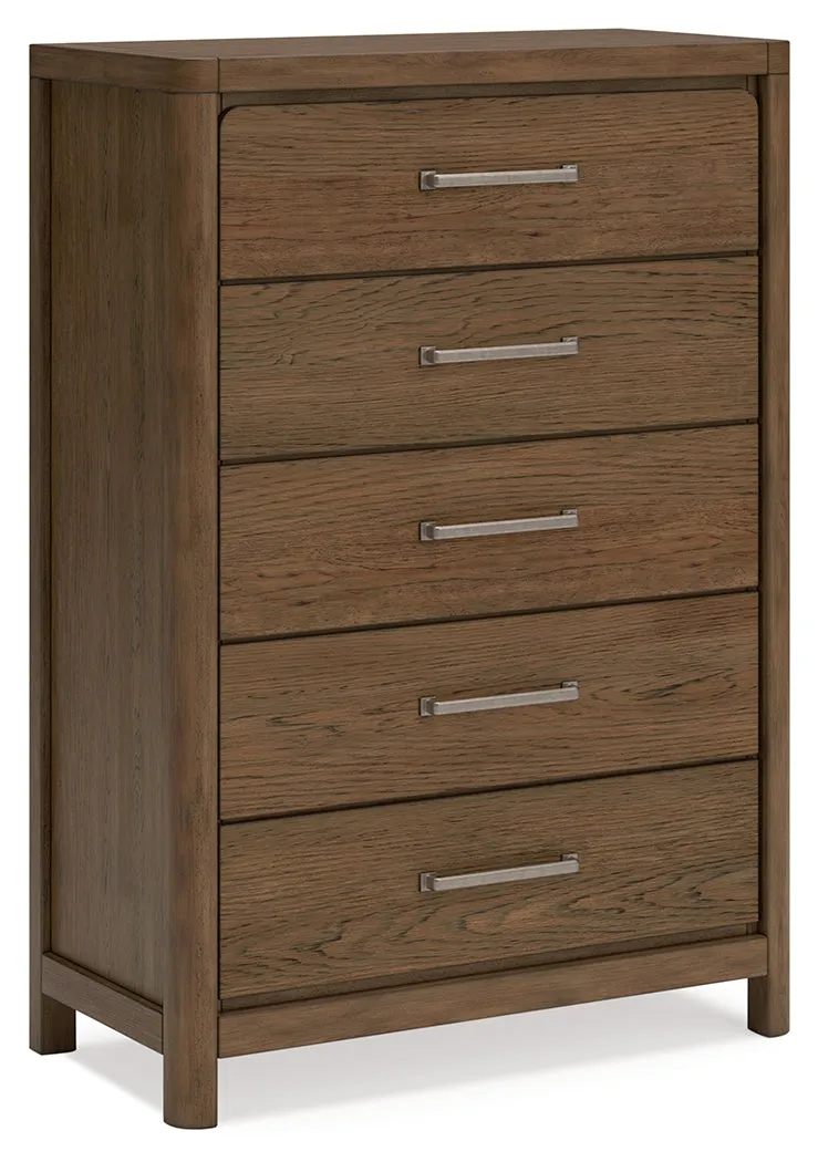 Cabalynn Queen Upholstered Bed with Mirrored Dresser and Chest in Light Brown