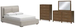 Cabalynn Queen Upholstered Bed with Mirrored Dresser and Chest in Light Brown