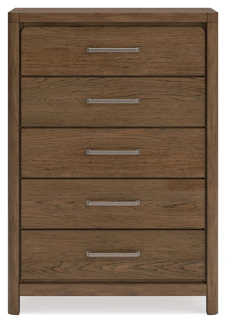 Cabalynn Queen Upholstered Bed with Mirrored Dresser and Chest in Light Brown
