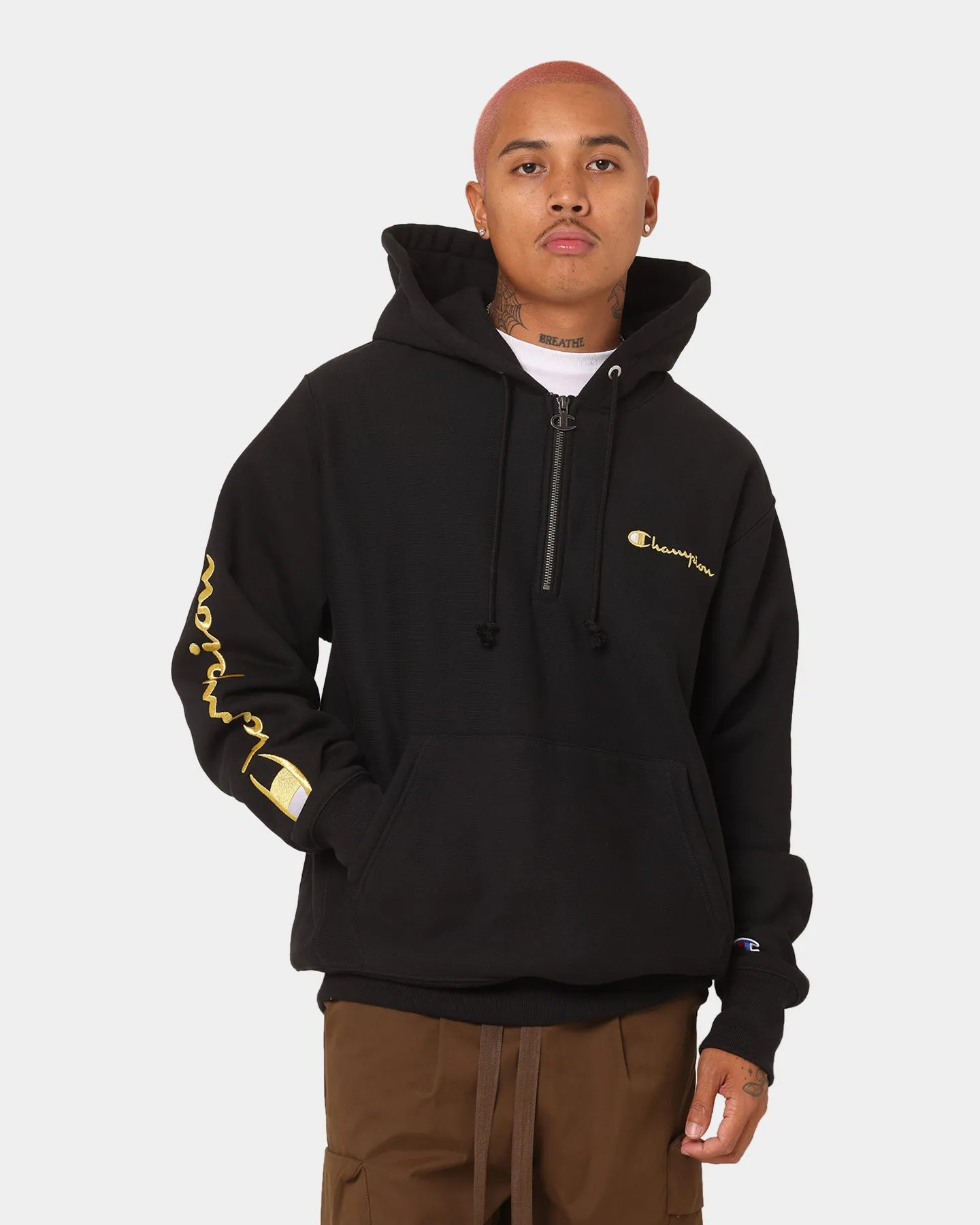 Champion Reverse Weave Quarter Zip Hoodie Black/Gold