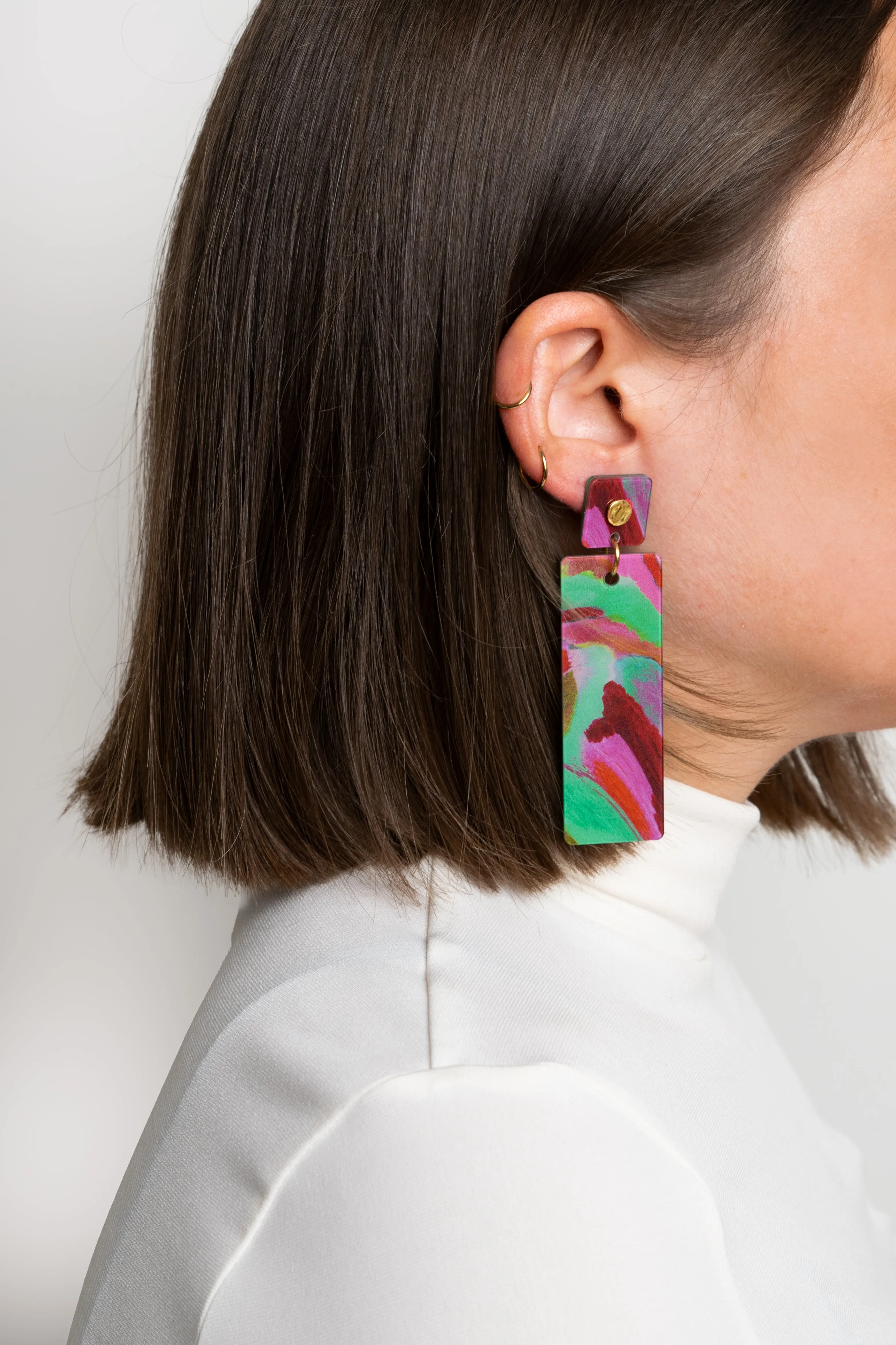 Classique Glitch Earrings - Green and Pink Statement Earrings