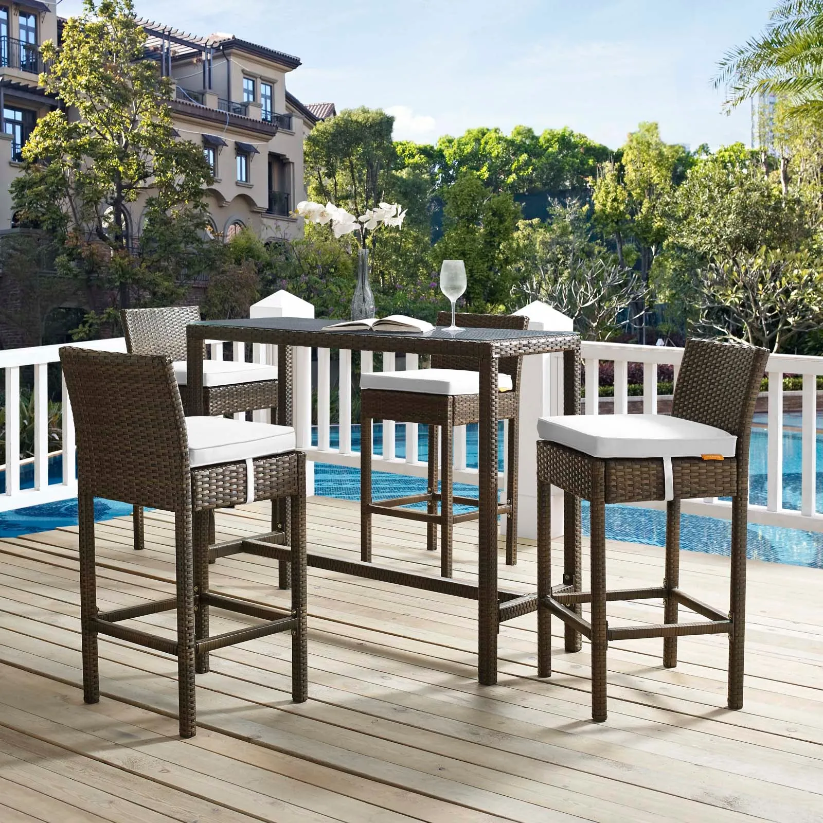 Conduit Bar Stool Outdoor Patio Wicker Rattan Set of 4 by Modway